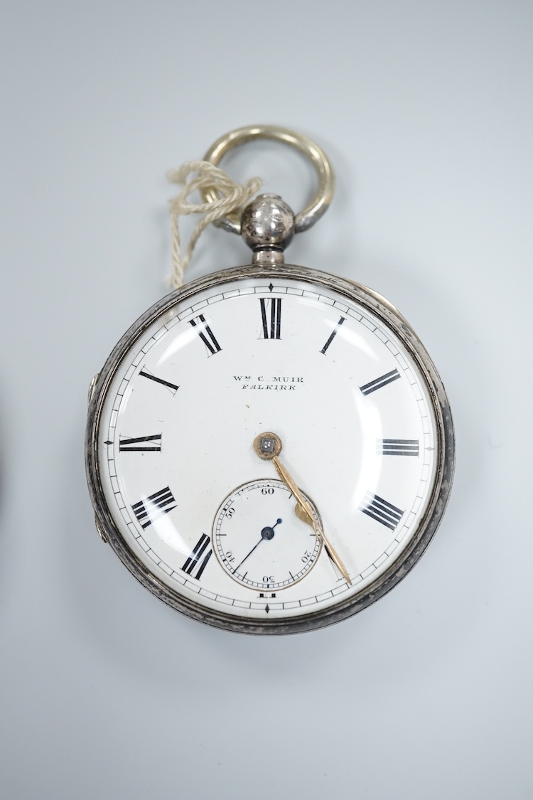 A late Victorian silver open faced pocket watch, by William Muir of Falkirk, with Roman dial and subsidiary seconds, together with an early 20th century silver pocket watch and a white metal fob watch.